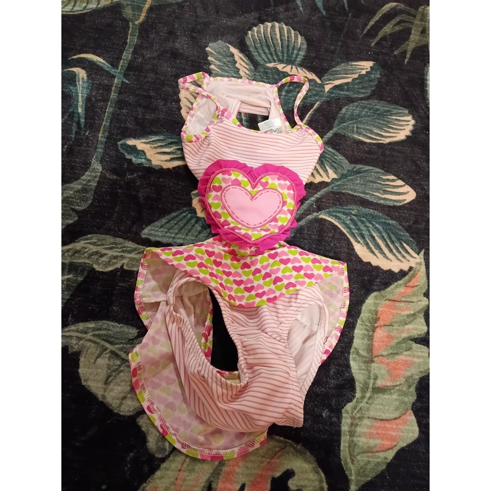 Vintage 90s Y2K Baby Buns Swimsuit Heart Ruffles One Piece Cut Out Girls Size 3T